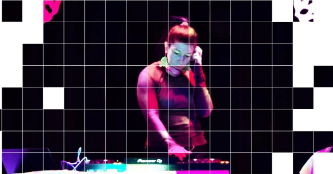 Brittany performing at the decks, shown through a digital grid